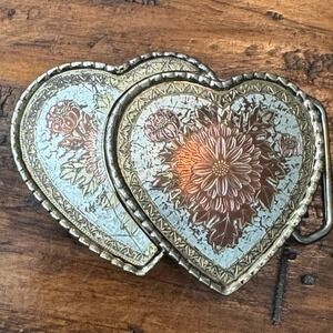 Vintage W USA Double Heart Floral Engraved Western Belt Buckle Silver Copper
